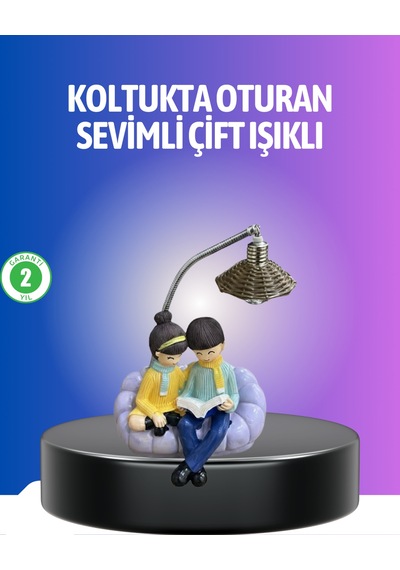 Kitap Okuyan Çift Figürlü Gece Lambası Romantik Dekoratif Masa Lambası - Lisinya Mor
