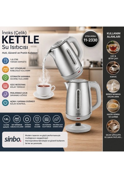İnoks Çelik Kettle Su Isıtıcısı Kablosuz Kullanım 1.8lt 360 Dönebilme Otomatik Kapanma Sk-8031 532