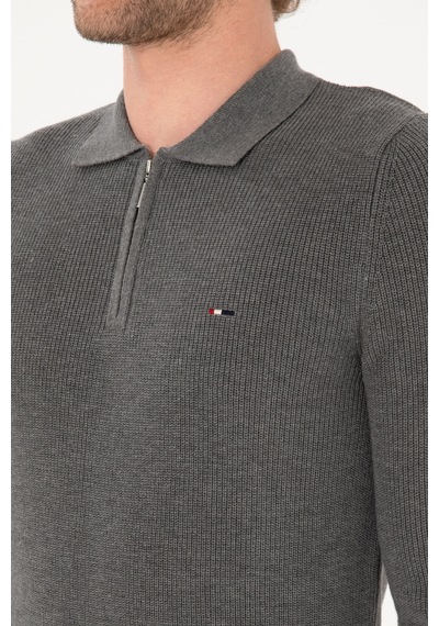 U.S. Polo Assn. Erkek Regular Fit Fermuarlı Gri Melanj Basic Kazak 50313685-VR086