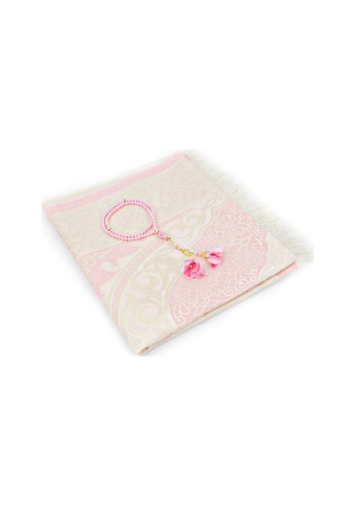 Hediyelik İpek Nur Tafta Seccade Pembe & Güllü İnci Tesbih 8 Mm Pembe Çok Renkli