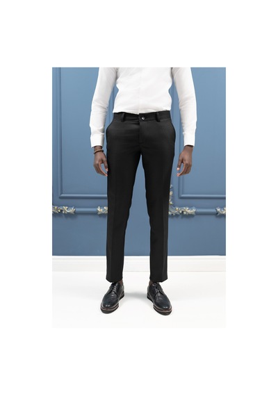 Notra Slimfit Pamuklu Kendinden Çizgili Mevsimlik Kumaş Pantolon Siyah