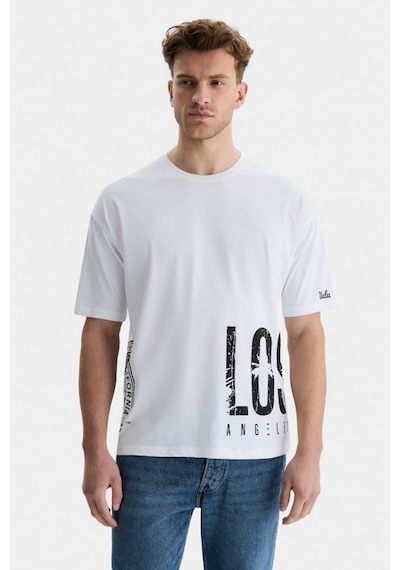 Ucla Ignıso Beyaz Bisiklet Yaka Baskılı Oversize Erkek Tshirt Beyaz