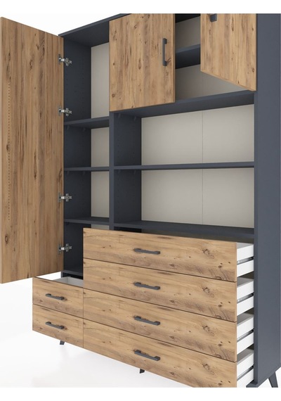 Arges Dolap 8 Raflı 6 Çekmeceli 3 Kapaklı 132x30x195 Antrasit-çam/çam Atlas Çam/atlas Çam