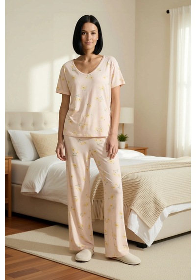 Benerly Kadın Çiçekli Süprem Örme Pijama Takımı V Yaka Standart Kol Regul Somon