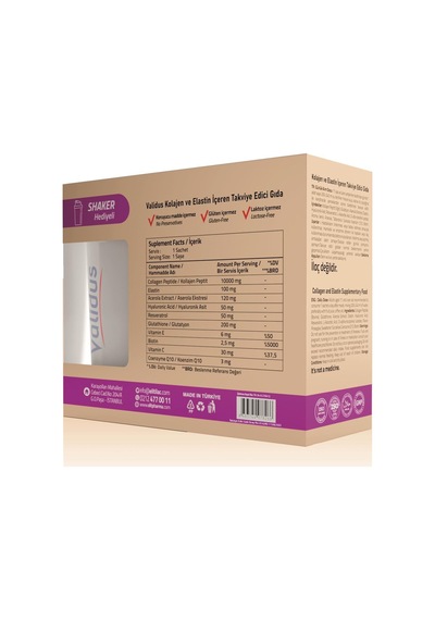 Validus Tip I-III 10.000 Mg Kolajen ve Elastin İçeren Takviye Edici Gıda 30 Şase + Shaker