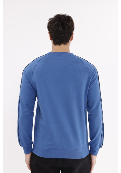 Rowinger Çift Şeritli Raglan Kol Minimal Logolu Bisiklet Yaka Sweatshirt İndigo