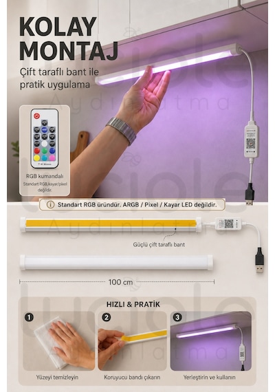 Rf Kumandalı Rgb Led Bar 100 Cm Usb Renk Değiştiren Yapışkanlı Dolap Raf Tezgah Aydınlatma