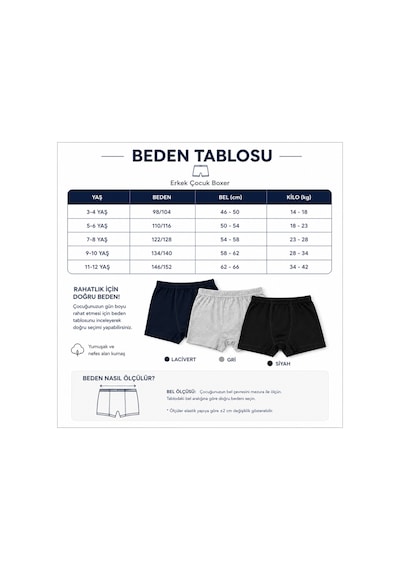 Westicgiyim Erkek Çocuk Boxer 3 Lü Paket Pamuklu Esnek Bel Rahat Kalıp Lacivert Gri Siyah Çocuk İç Giyim Çok Renkli