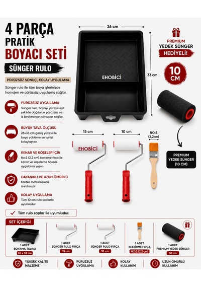 Ehobici 4 Parça Pratik Boyacı Seti Sünger Rulo - Premium Yedek Sünger Hediyeli
