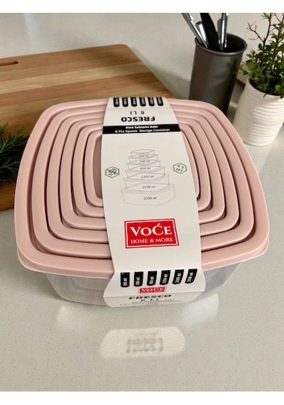 6'lı Kendinden Kapaklı Erzak Baharat Saklama Kabı Seti 8,3 Litre Büyük Boy Plastik Açık Pembe