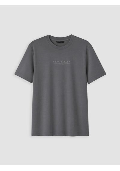 LC Waikiki Lcwaıkıkı Classic Gri Bisiklet Yaka Baskılı Erkek Penye Tişört Dark Grey