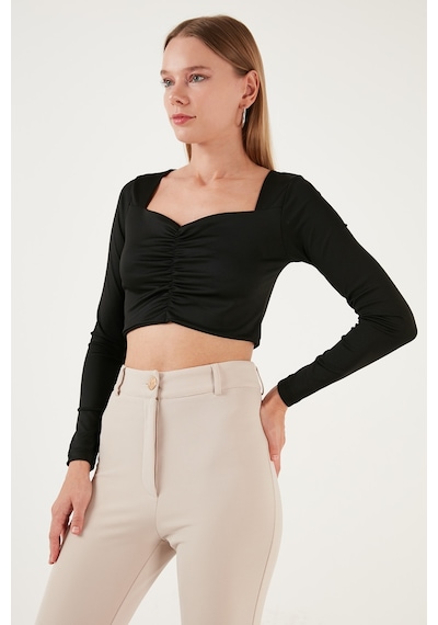 Lela Slim Fit Kalp Yaka Önü Büzgülü Crop Bayan Bluz 5865401 Siyah