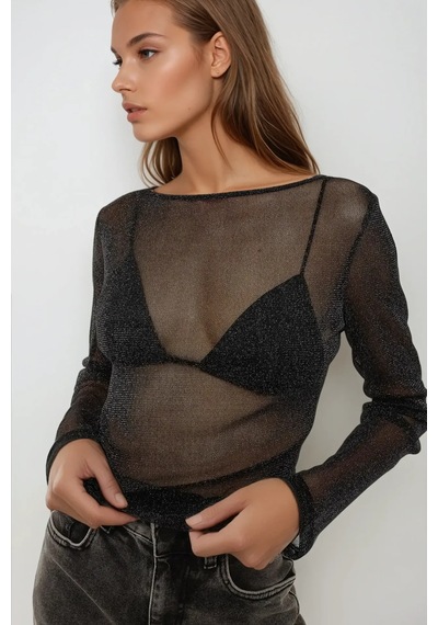 Hiccup Lurex Transparan Uzun Kollu Fit Bluz Siyah