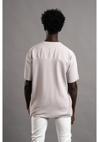 Oversize Bol Kesim Kalın Fitilli Bisiklet Yaka Kısa Kol T-shirt 001