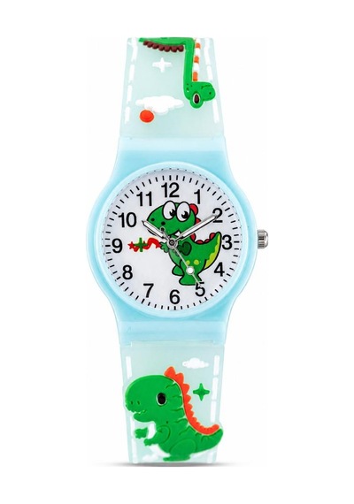 Erkek Çocuk Turkuaz Dinozor Desenli Silikon Kordon Analog Kol Saati St-304442 Beyaz