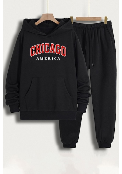 Uyguntarz Unisex Chiago Baskılı Eşofman Takımı Siyah