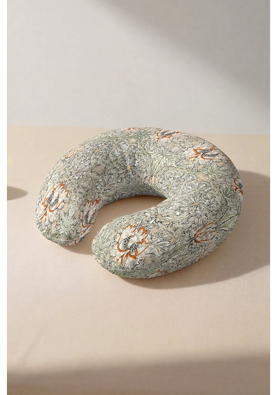 Vintage Çiçek Desenli Ergonomik Boyun Yastığı - Klasik Botanik Bej Turuncu Seyahat Yastığı Çok Renkli