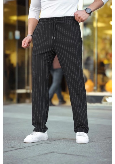 Veraura Lifestyle Erkek Cizgili Dokuma Krep Jogger Buggy Pantalon Rahat Kalıp - Siyah