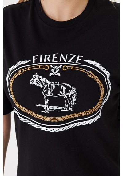 Sortie Collection Firenze At Baskılı Rahat Kalıp Basic Tişört Siyah