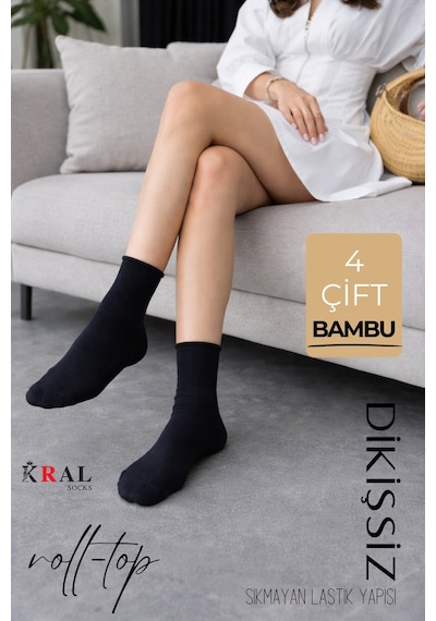 Kral Socks Kadın Roll-top Lastiksiz Dikişsiz Bambu Soket Çorap 4 Çift Siyah Siyah