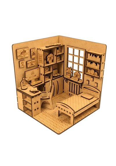 Çalışma Odası Ahşap Maket Seti Dıy Miniatür Yatak Odası Ve Çalışma Köşesi Peri Led'li 3d Puzzle