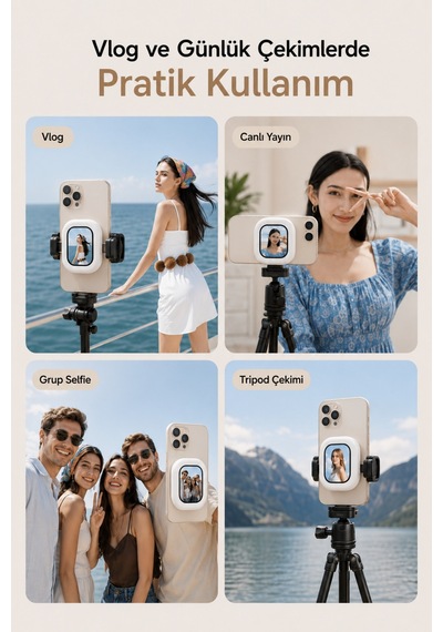 Manyetik Arka Kamera Selfie Ekranı 2.0 İnç Kablosuz Mini Vlog Monitörü Şarjlı Telefon Aksesuarı Beyaz