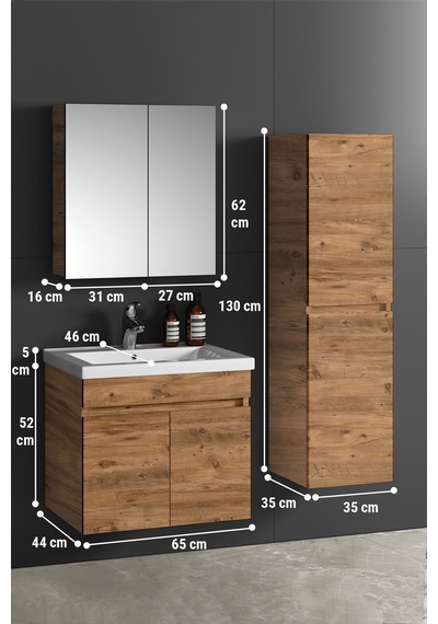 Çiğdem 65+35 Cm Atlantik Çam Mdf Seramik Lavabolu Asma Banyo Dolabı Takımı Beyaz