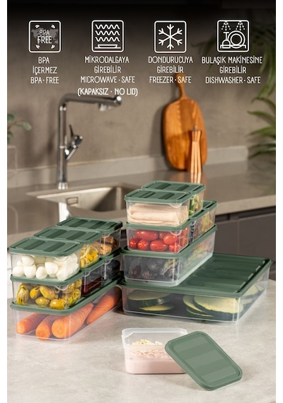 Vienev 15li Buzdolabı Dondurucu Organizer Ve Saklama Kabı Yeşil 12x 350ml 2x 1,65lt 1x 3,5lt