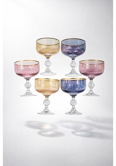 Crystal Claudia Şampanya Kadehi Seti, Kristal, Altın Kenarlı, 3 Renk, 200cc, 6 Parça