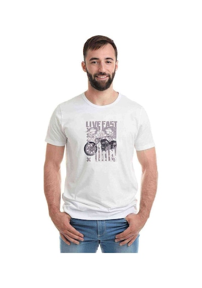 Live Fast Motorsiklet Baskılı Beyaz Erkek Tshirt