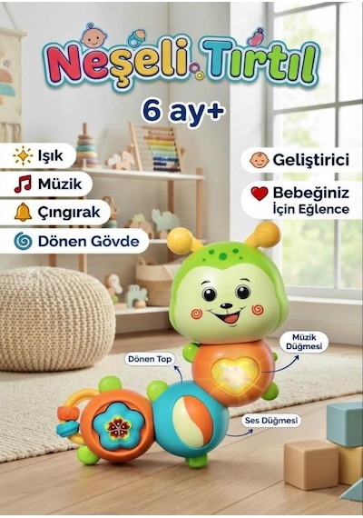 Montessori Neşeli Tırtıl Düğmeli Işıklı Müzikli 23 Cm Eğitici Ve Öğretici Çıngıraklı Bebek Oyuncağı