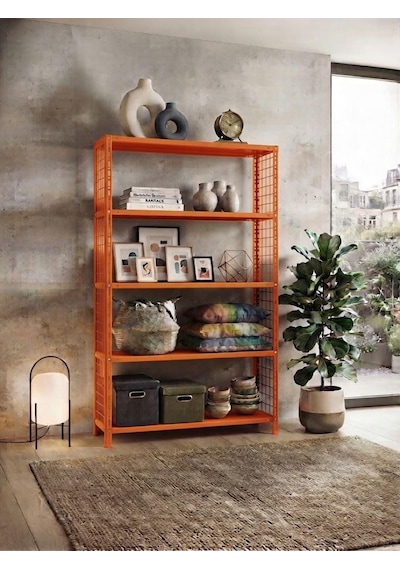 5 Katlı Renkli Tel Kafesli Dekoratif Çelik Raf - Çiçeklik Rafı, Ofis Rafı 0,70 Mm Sarı-31x93 Cm-250 Cm