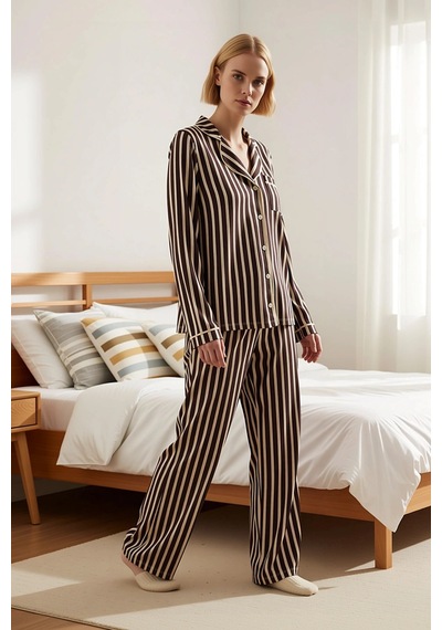 Benerly Kadın Gömlek Yaka Standart Kol Regular Kalıp Çizgili Pijama Takım Kahverengi