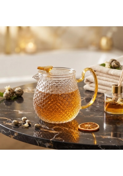 Özel Üretim Isıya Dayanıklı Altın Sarısı Kulplu Şık Tasarımlı Cam Demlik 550 Ml Borosilikat Cam Çok Renkli