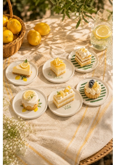 Amalfi 6 Lı Seramik Pasta Ve Servis Tabağı Seti 20 Cm Limon Desenli Akdeniz Sofra Takımı Beyaz