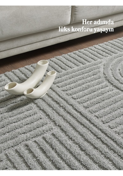 Yumuşak Peluş Tüylü İskandinav Desenli Kabarık Bukleli Gri Renkli Halı Gri