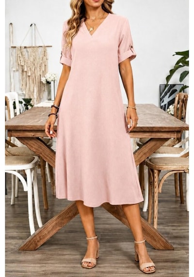 Butik İstanbul Kadın Kısa Kollu V Yakalı Bürümcük Midi Elbise Pembe