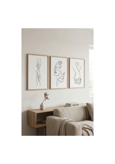 Doğal Ahşap Çerçeveli Minimalist Çizgi Sanatı 3 Lü Set Soyut Figür Duvar Tablosu Ahşap