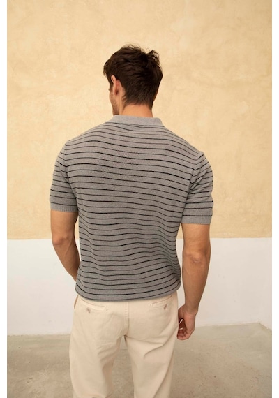 Erkek Yuvarlak Yaka Örme T-shirt Gri
