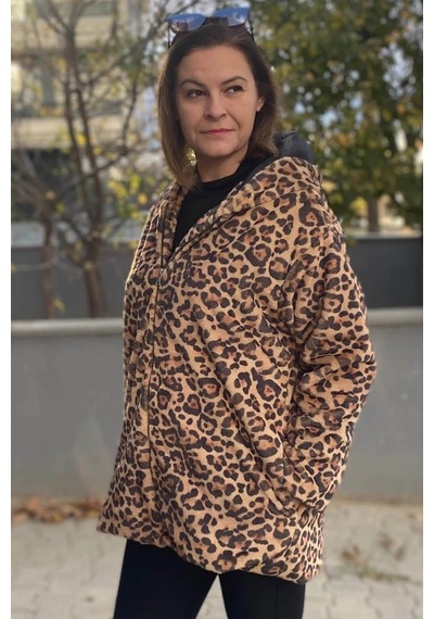 Mia Butik Büyük Beden Camel Leopar Deseli Ceket Camel