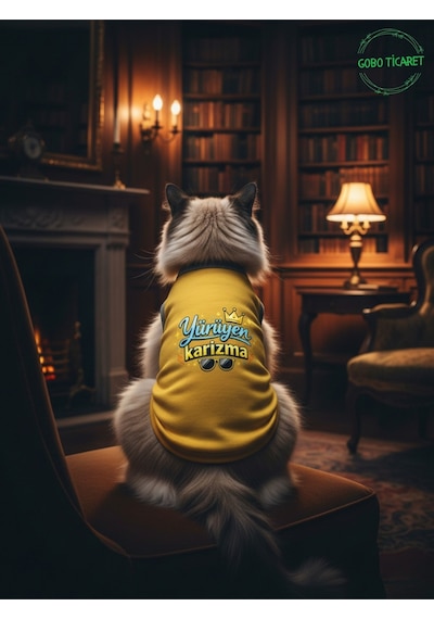 Sarı Yürüyen Karizma Yazılı Kedi Ve Köpek Kıyafeti Tişörtü Elbisesi Medium/m/beden 2