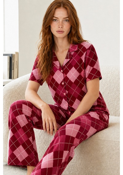 Kadın Kısa Kol Desenli Kırmızı Pijama Takımı 4730