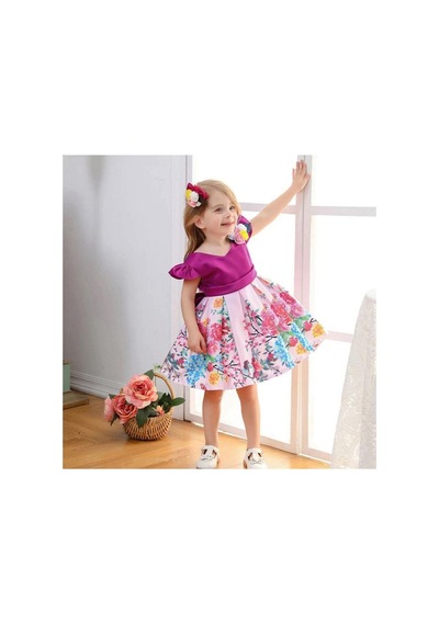 Miço Kids Kız Çocuk Abiye Elbise Kelebek Desenli Saten Çok Renkli