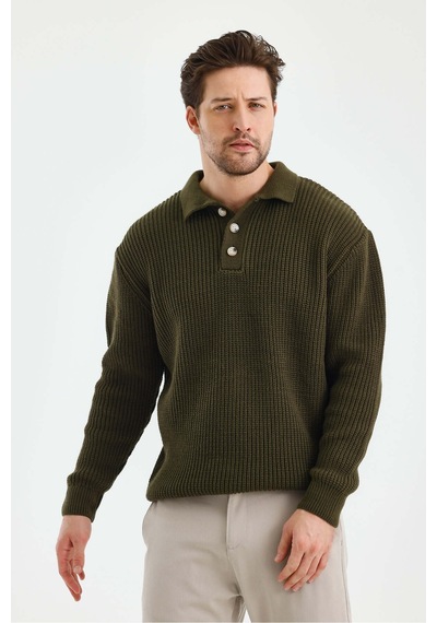 Cool Tarz Erkek Düğmeli Regular Polo Yaka Triko Kazak Haki Haki