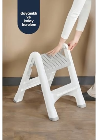 2 Katlı Katlanır Merdiven Tabure, Kaydırmaz Tabanlı, 200 Kg Kapasiteli Beyaz