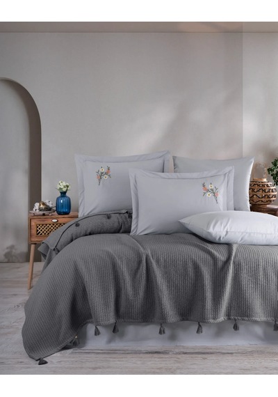 New Home Saçaklı Nakışlı Lüx Pike Takımı Çift Kişilik Antrasit