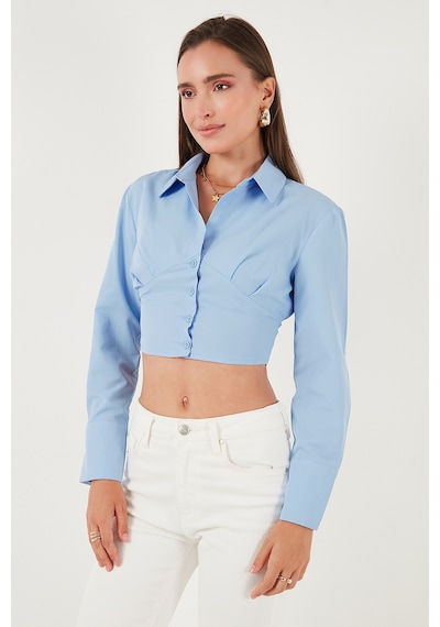 Lela Fitted Fit Pamuklu Korse Detaylı Uzun Kollu Crop Bayan Gömlek 611Go00376 Bebe Mavi