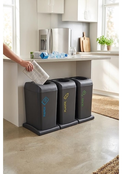 Smartware 3'li Set Soft Tekerlekli Plastik-kağıt-cam Geri Dönüşüm Kutusu 40 Lt Çok Renkli