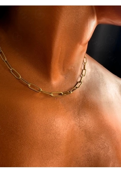 Paperclip Kabartma Choker Gold Çelik Zincir Kolye Choker Serisi Altın