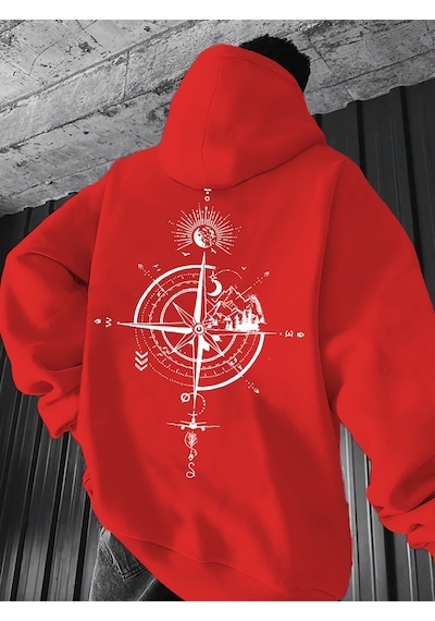 Uyguntarz Unisex Yon Gosteren Pusula Baskılı Oversize Sweatshirt Kırmızı